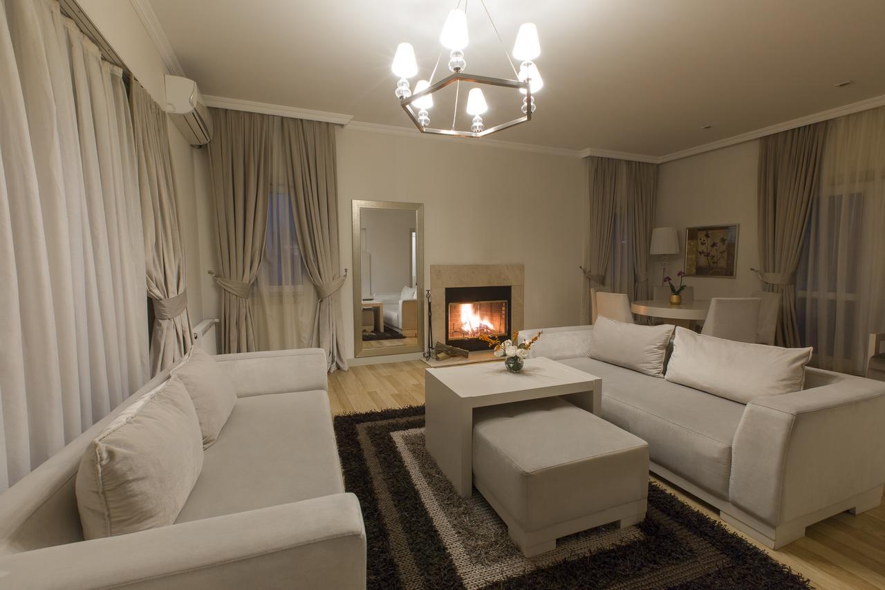 Gabala Garden Hotel Exterior foto A living room with a fireplace